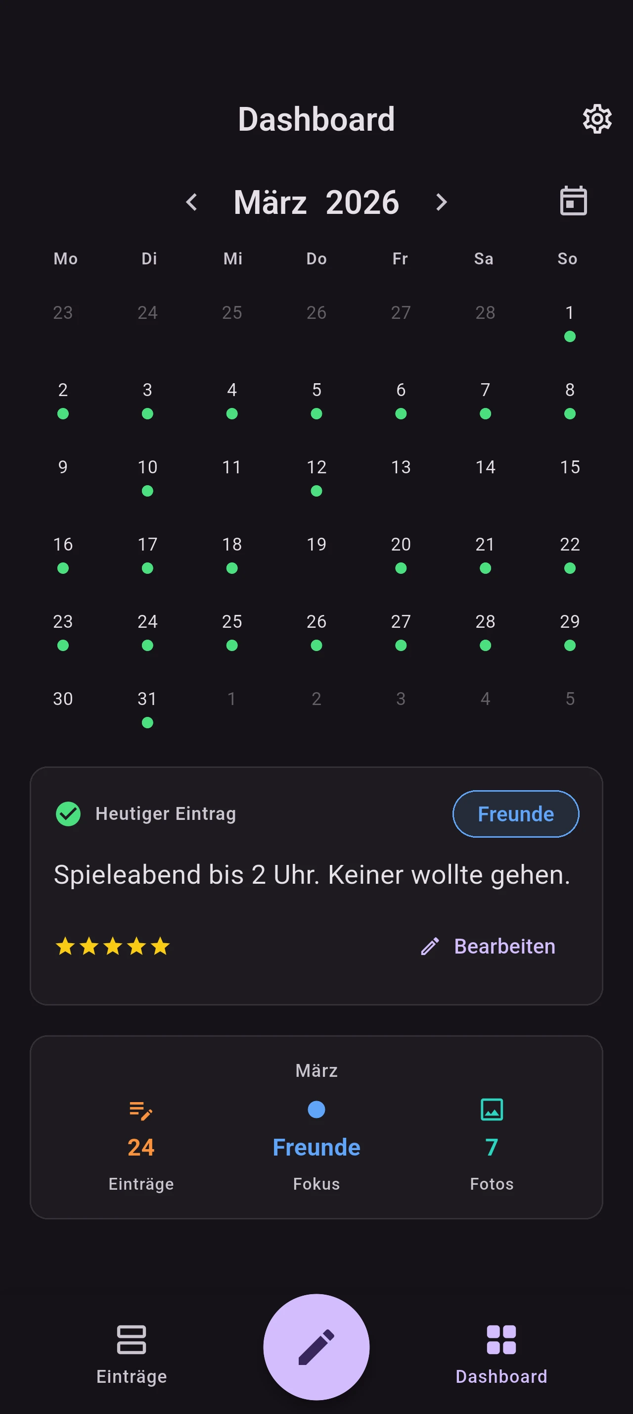 SimpleDot App-Dashboard — Kalender mit grünen Punkten für Tagebucheinträge und monatliche Übersicht